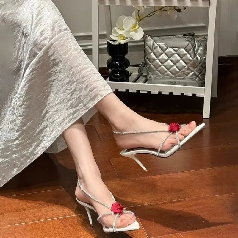 Design Sense Transparent Sandals Women's Summer New Pointy Flower Sequin Party Shoes Stiletto Fashion High Heels