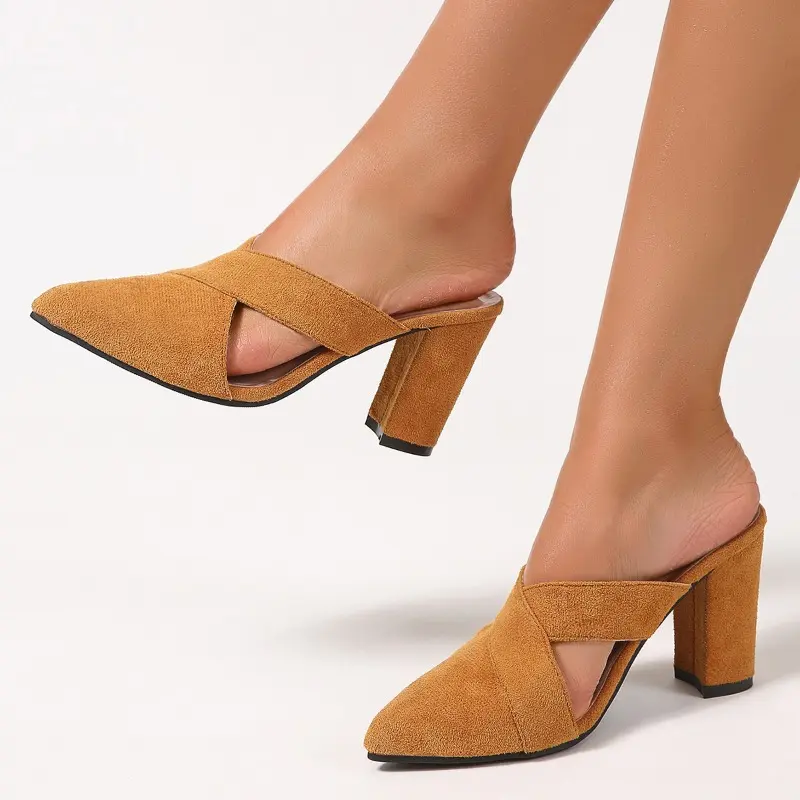 Women's fashion Baotou slippers autumn new pointed head deep hollow suede anti-slip wear-resistant high heels