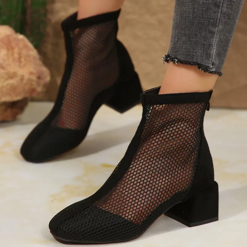 Summer New Mesh Breathable Soft Sole Roman Heel Square Cooling Boots Fashion Square Toe Back Zip Shortleg Boots