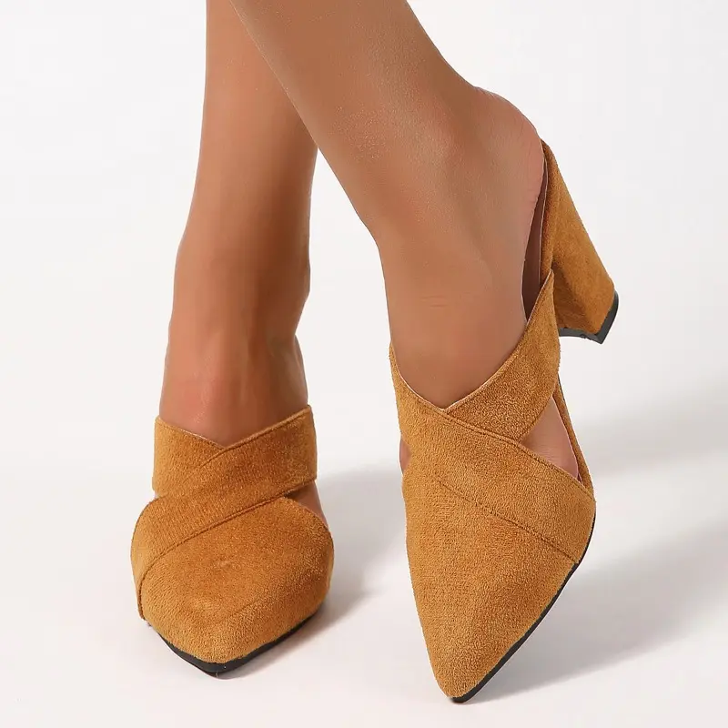 Women's fashion Baotou slippers autumn new pointed head deep hollow suede anti-slip wear-resistant high heels