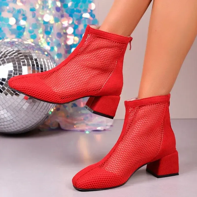 Summer New Mesh Breathable Soft Sole Roman Heel Square Cooling Boots Fashion Square Toe Back Zip Shortleg Boots