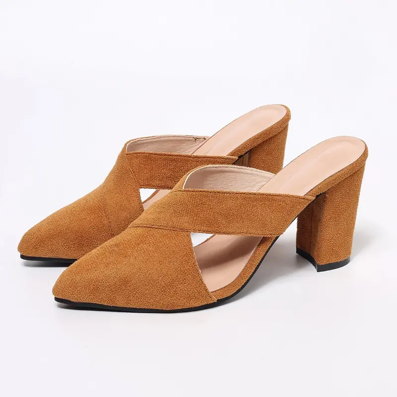 Women's fashion Baotou slippers autumn new pointed head deep hollow suede anti-slip wear-resistant high heels
