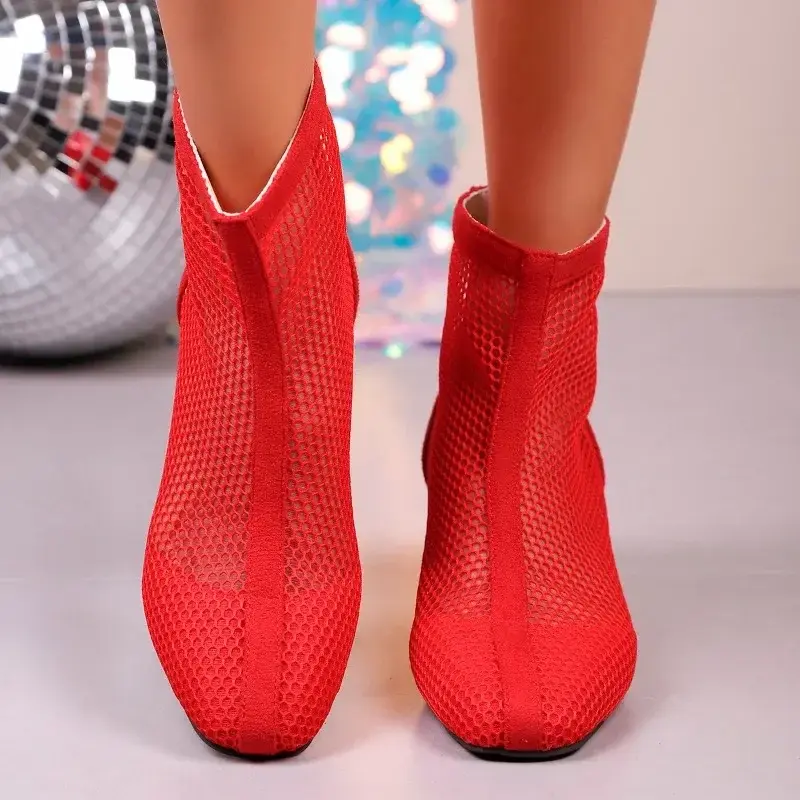 Summer New Mesh Breathable Soft Sole Roman Heel Square Cooling Boots Fashion Square Toe Back Zip Shortleg Boots