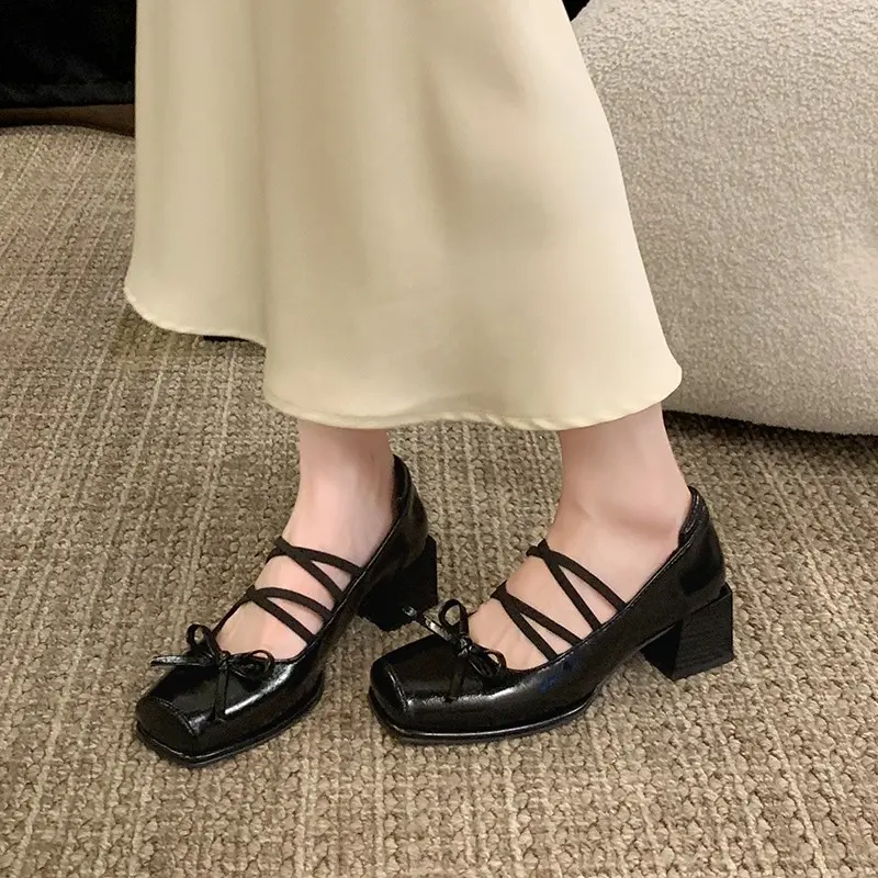 Single Shoes Autumn New Square Toe Shallow Mouth Bow Cross Slim Strap Non-Slip Wear-Resistant Block Heel Mary Jane Shoes
