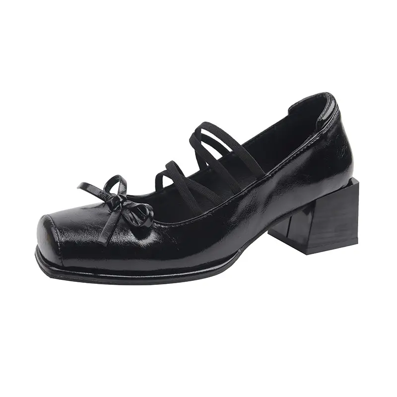 Single Shoes Autumn New Square Toe Shallow Mouth Bow Cross Slim Strap Non-Slip Wear-Resistant Block Heel Mary Jane Shoes