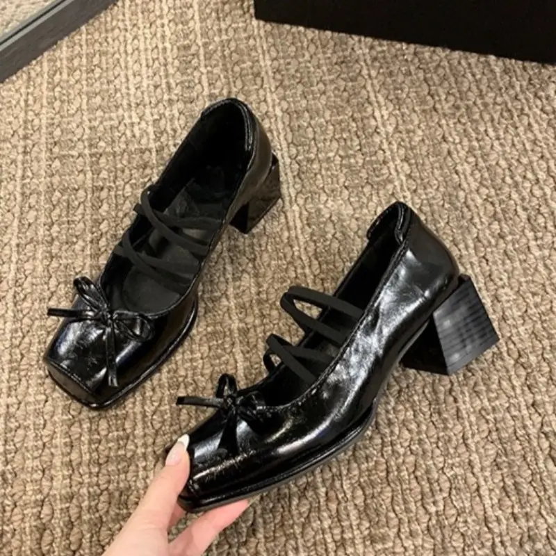 Single Shoes Autumn New Square Toe Shallow Mouth Bow Cross Slim Strap Non-Slip Wear-Resistant Block Heel Mary Jane Shoes