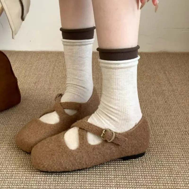 Women's Fashion Flat Shoes Winter New Square Head Shallow Mouth Suede Soft Sole Non-slip Low-top Shoes