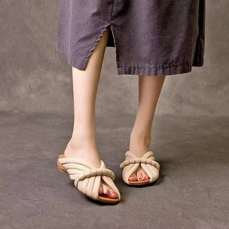 Summer New Low Heels Women Fashion Round Head = Open Toe Shallow Mouth Woven Soft Sole Anti-wear Slip-on Slippers