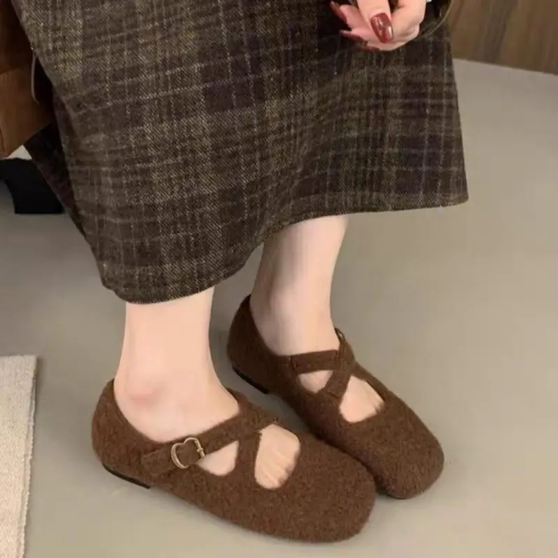 Women's Fashion Flat Shoes Winter New Square Head Shallow Mouth Suede Soft Sole Non-slip Low-top Shoes