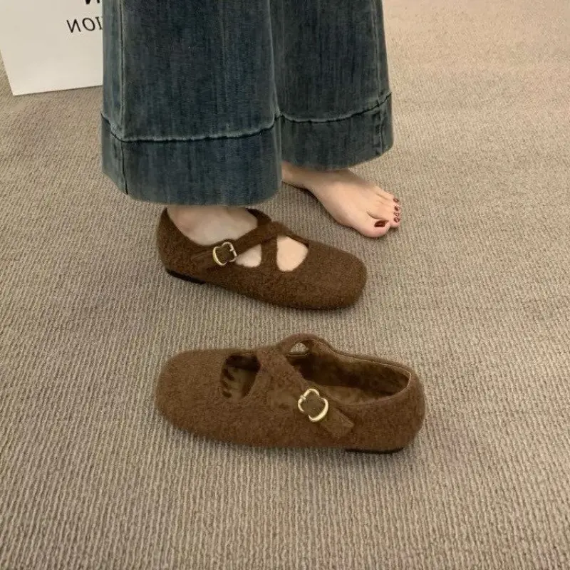 Women's Fashion Flat Shoes Winter New Square Head Shallow Mouth Suede Soft Sole Non-slip Low-top Shoes