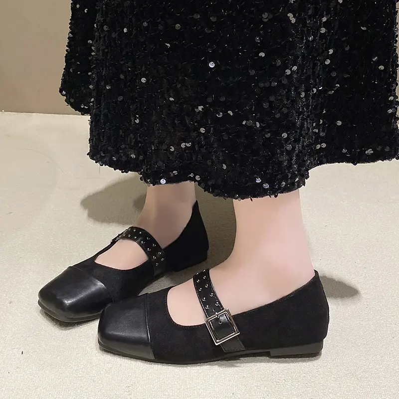 Spring New Flat Shoes Women's Square Head Splicing Suede Shallow Mouth Rivets with Soft Sole Non-slip Single Shoes