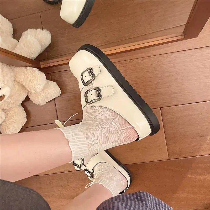 Spring and Summer New Round Toe Double Buckle Lazy Baotou Half Slippers Women's Outside Wear Mary Jane Flat Shoes
