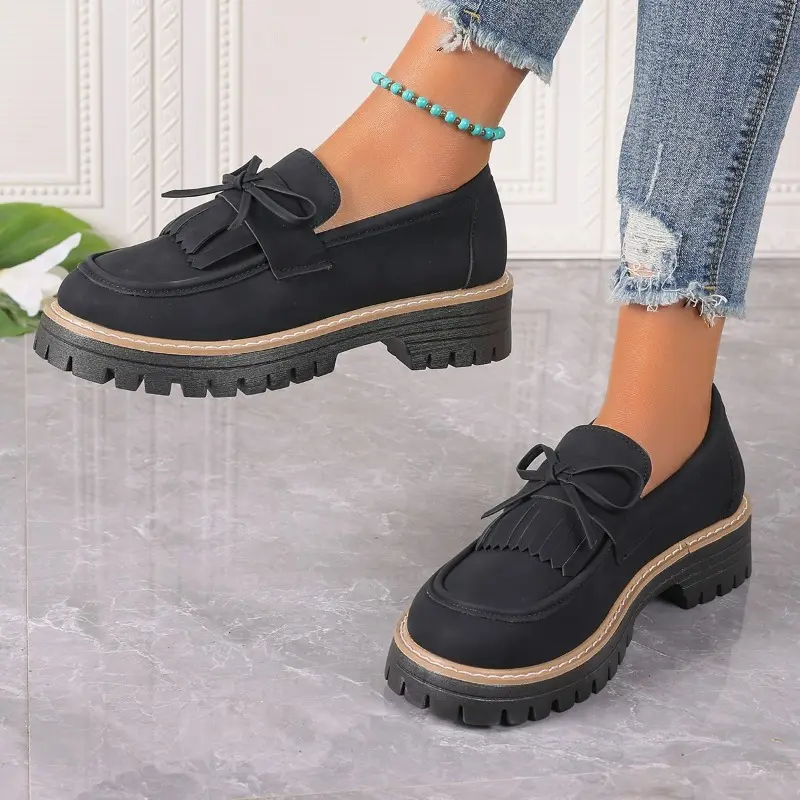 Women's Chunky Single Shoes Spring New Round Head Deep Mouth Suede Butterfly Knot Thick Sole Non-slip Loafers