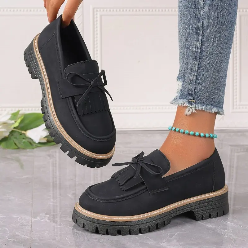 Women's Chunky Single Shoes Spring New Round Head Deep Mouth Suede Butterfly Knot Thick Sole Non-slip Loafers