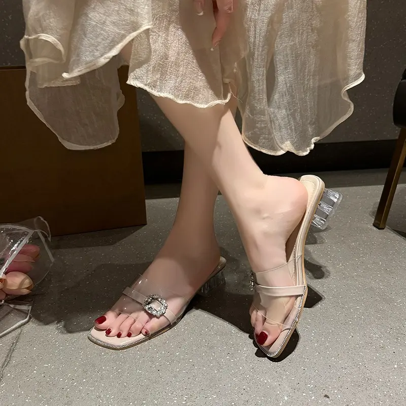 Women's New Summer Wear Rhinestone Open-toe Transparent One-word Cool Drag Square Toe Open-toe Crystal Block Heel Pumps