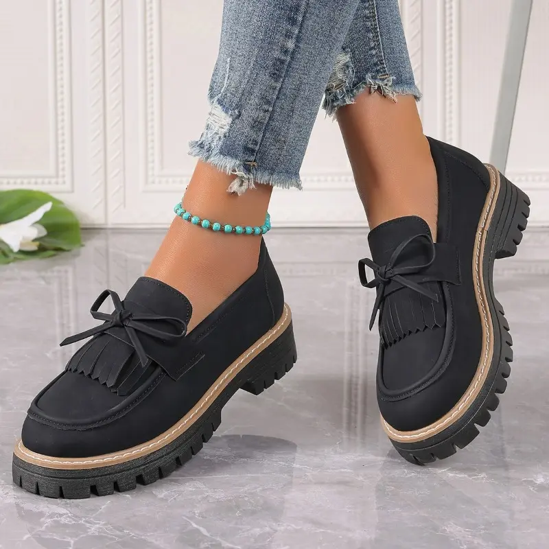 Women's Chunky Single Shoes Spring New Round Head Deep Mouth Suede Butterfly Knot Thick Sole Non-slip Loafers