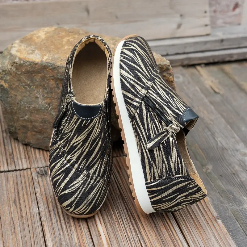 Women's Flat Shoes Autumn New Round Head Color Combination Deep Mouth Side Zipper Soft Sole Non-slip Low Top Shoes
