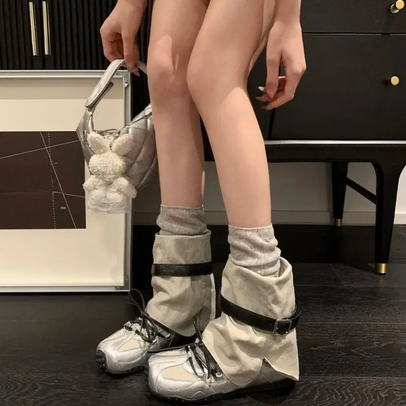 Two-Wear Flat Boots Autumn New Round Toe Spliced Front Lace-Up Metal Belt Buckle Soft Slip Shorthole Boots