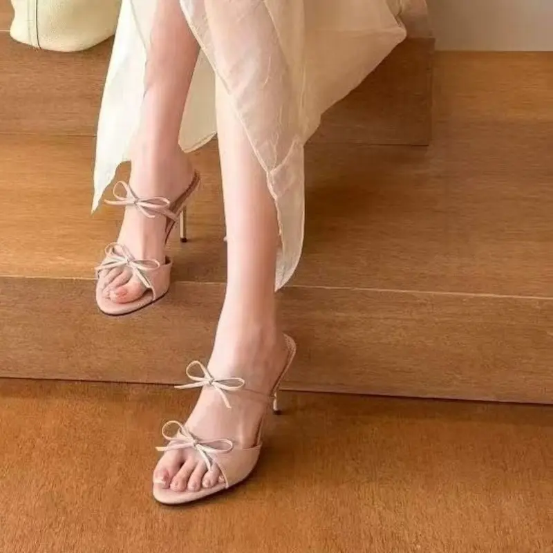 Beautiful Butterfly Knot Line with High Heels Slippers Summer New Pointed Fine Heels Open Toe Non-slip Sandals