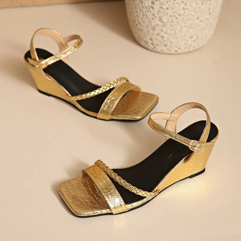 New Silver Wedge Sandals and Slippers for Summer Women's Square Toe Open Toe Woven Slip Strap High Heels