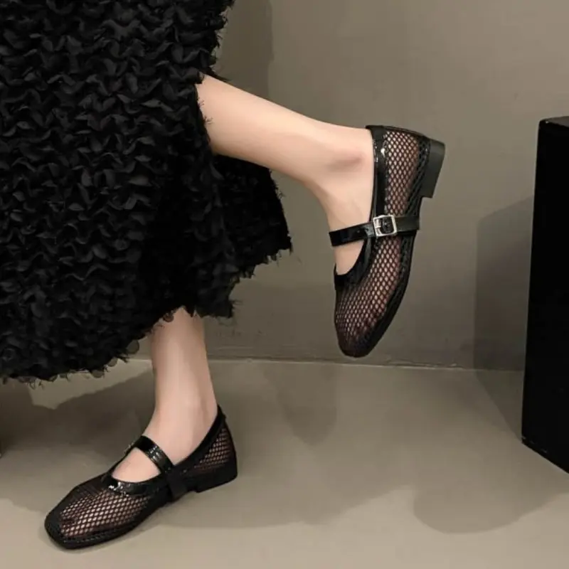 Fishing Net Hollow Women's Shoes Summer New Square Toe Shallow Mouth Flat Mesh Casual Mary Jane Soft Sole Single Shoes