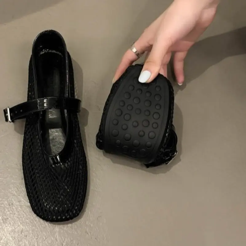 Fishing Net Hollow Women's Shoes Summer New Square Toe Shallow Mouth Flat Mesh Casual Mary Jane Soft Sole Single Shoes