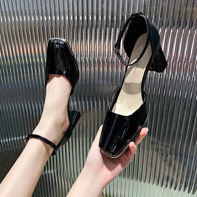 Spring New Coarse Heel Single Shoes Women's Fashion Square Head Shallow Mouth Word with Anti-slip Wear-resistant High Heels