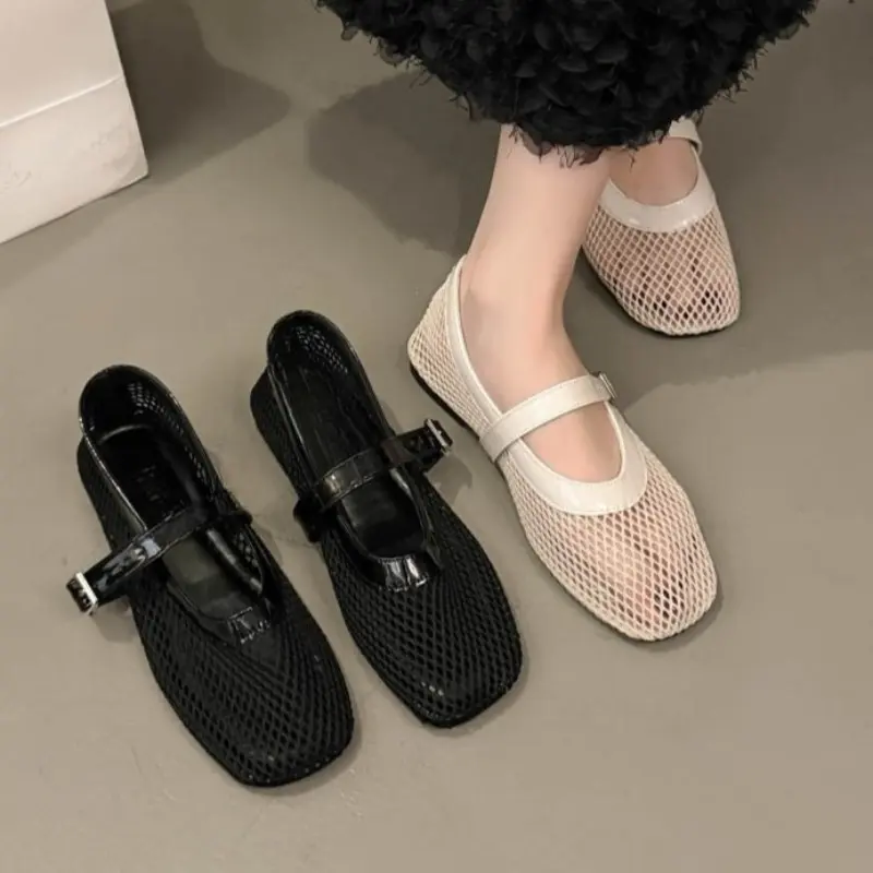 Fishing Net Hollow Women's Shoes Summer New Square Toe Shallow Mouth Flat Mesh Casual Mary Jane Soft Sole Single Shoes