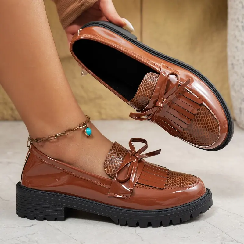 Women's Thick Sole Single Shoes Autumn New Round Head Deep Mouth Butterfly Knot Anti-slip Wear-resistant Thick Heel Shoes