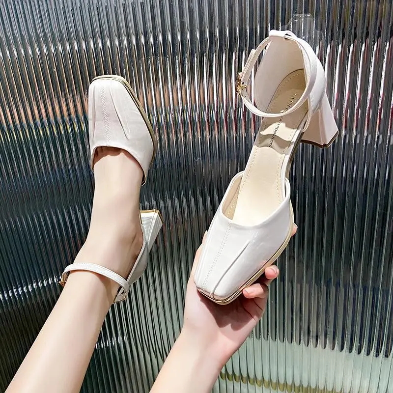 Spring New Coarse Heel Single Shoes Women's Fashion Square Head Shallow Mouth Word with Anti-slip Wear-resistant High Heels