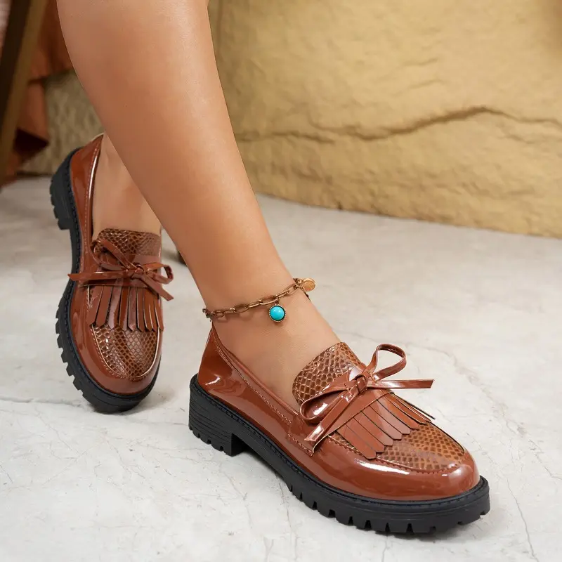 Women's Thick Sole Single Shoes Autumn New Round Head Deep Mouth Butterfly Knot Anti-slip Wear-resistant Thick Heel Shoes