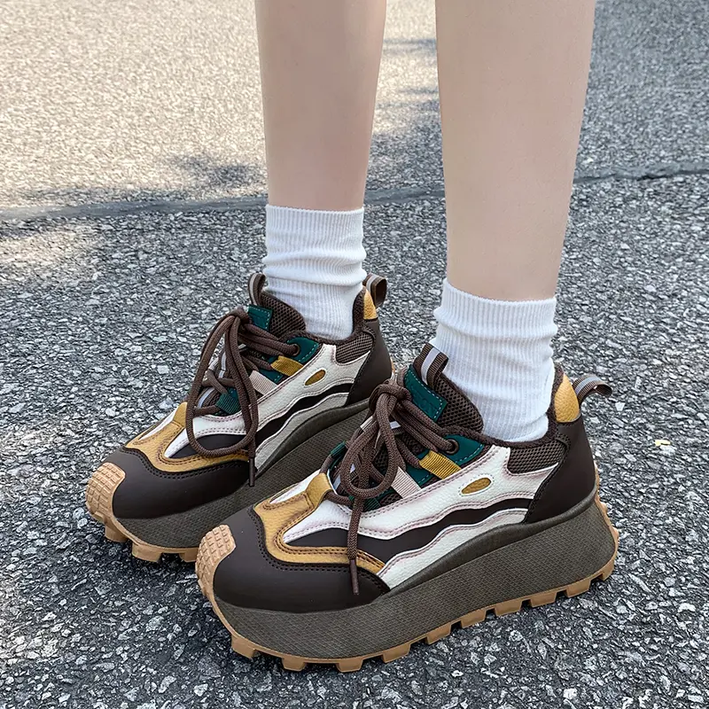 Women's Casual Sports Shoes Autumn New Round Head Color Matching Before Tying Thick Sole Anti-slip Wear-resistant Single Shoes