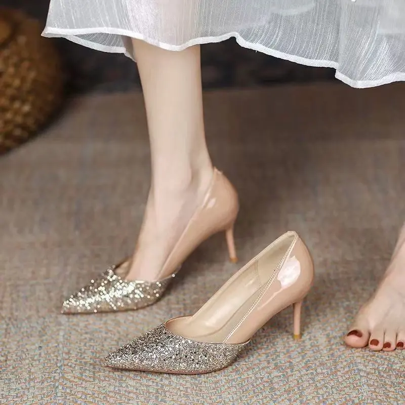 Women's Single Shoes Spring New Fashion Pointy Splicing Glitter A Slip-on Wear Resistance Stiletto Temperament High Heels