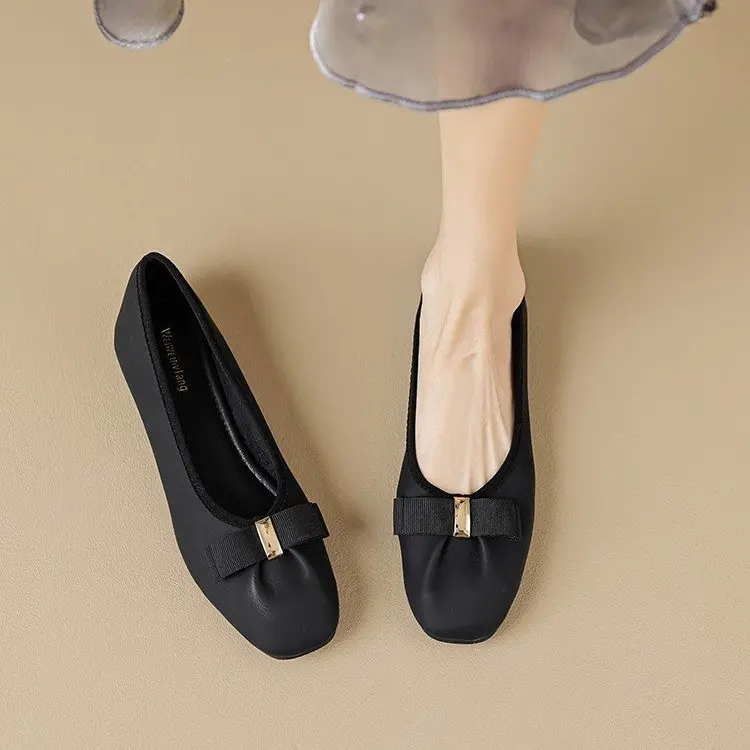 Shallow Mouth Square Bow Low Order Shoes 2024 Ballet Shoes Women's Scoop Shoes Grandma