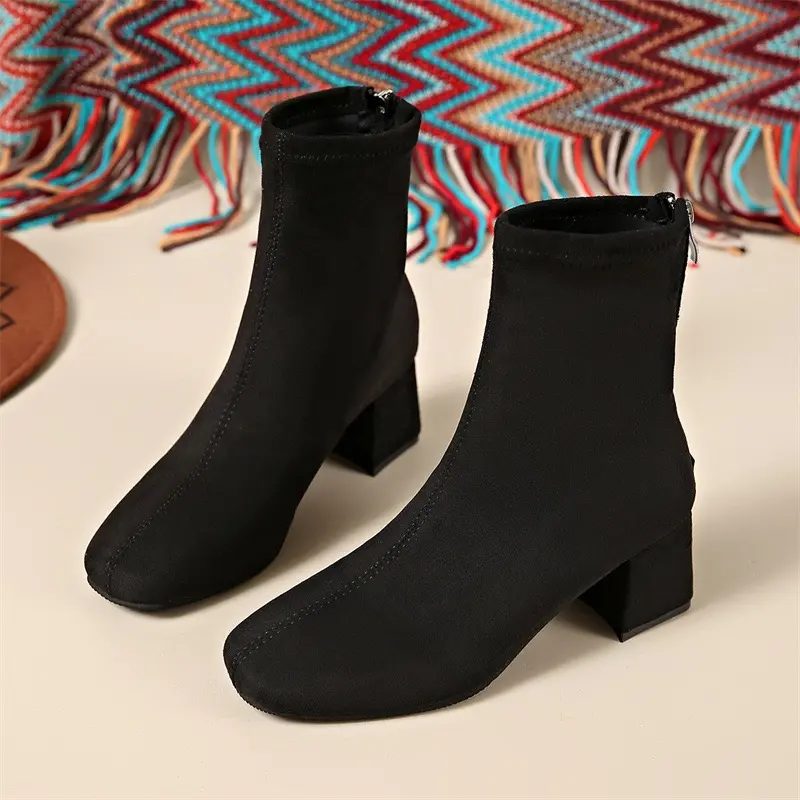 Fall New Booties Women's Paneled Rear Zipper Leopard Print Non-Slip Versatile Block Heel Non-Slip Kitten Heel Boots