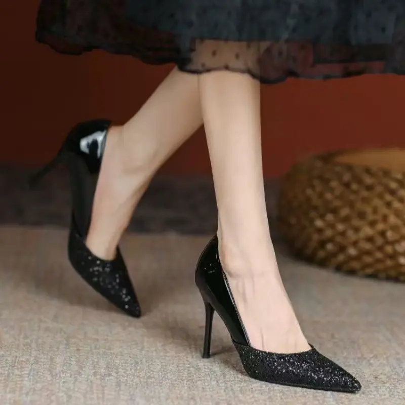Women's Single Shoes Spring New Fashion Pointy Splicing Glitter A Slip-on Wear Resistance Stiletto Temperament High Heels