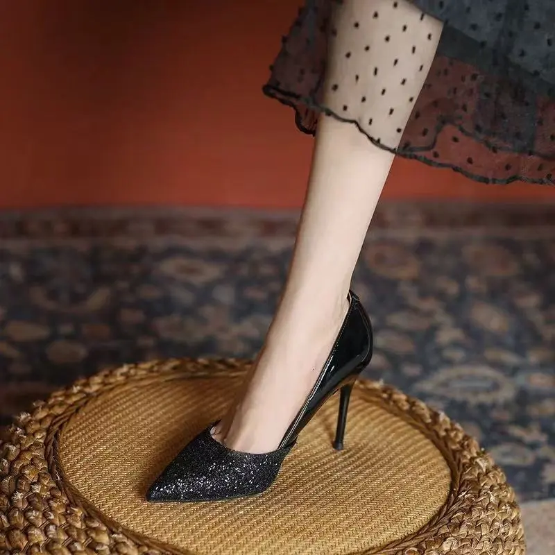 Women's Single Shoes Spring New Fashion Pointy Splicing Glitter A Slip-on Wear Resistance Stiletto Temperament High Heels