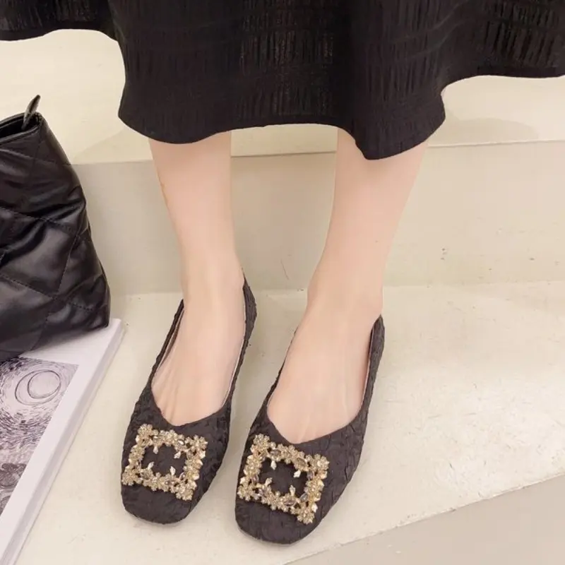 Square Toe Shallow Mouth Low Heel Single Shoes Autumn New Rhinestone Square Toe Soft Sole Non-slip Block Heel Shoes