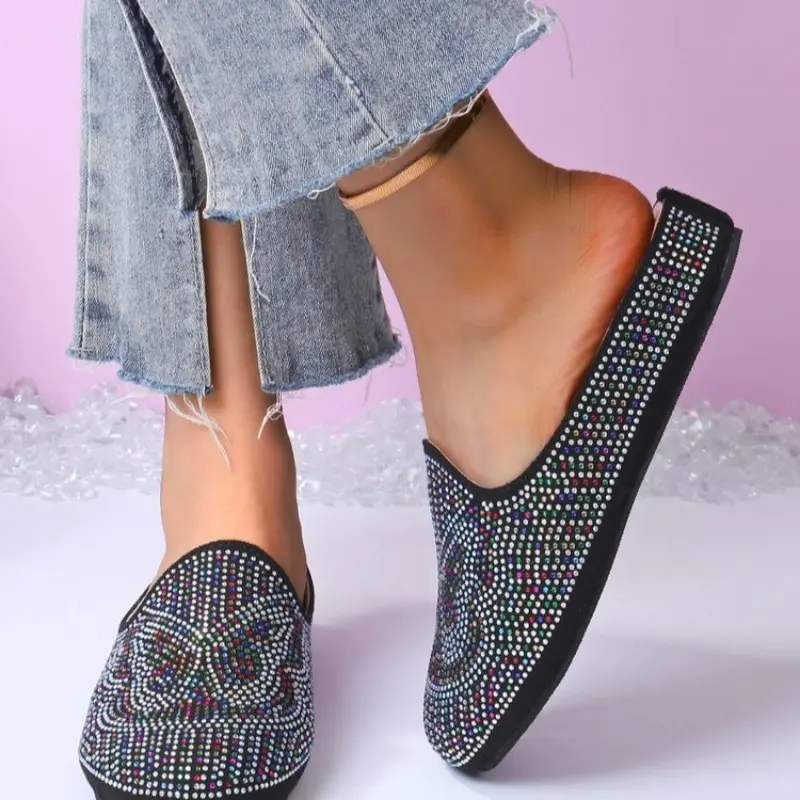 Colorful Full Diamond Baotou Slippers Summer New Round Toe Deep Mouth Soft Sole Non-slip Wear-resistant Flat Shoes