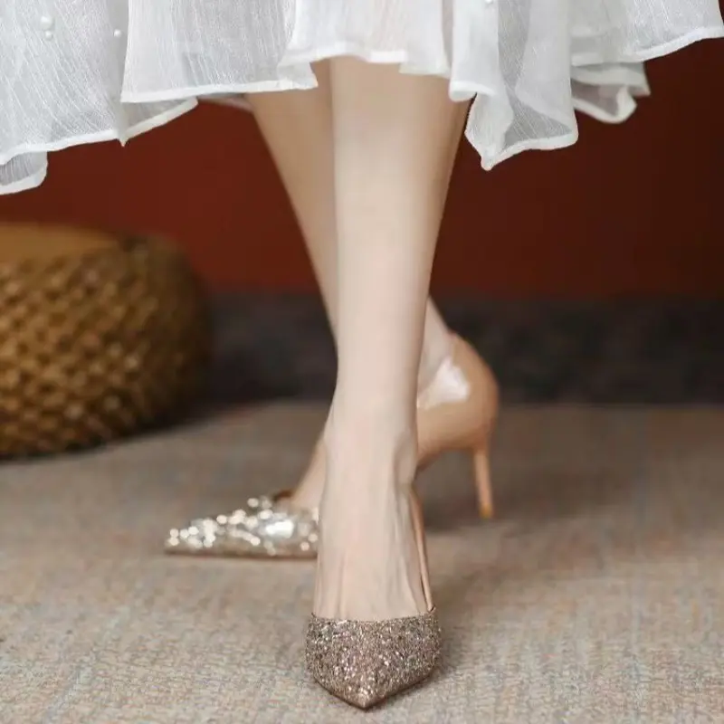 Women's Single Shoes Spring New Fashion Pointy Splicing Glitter A Slip-on Wear Resistance Stiletto Temperament High Heels