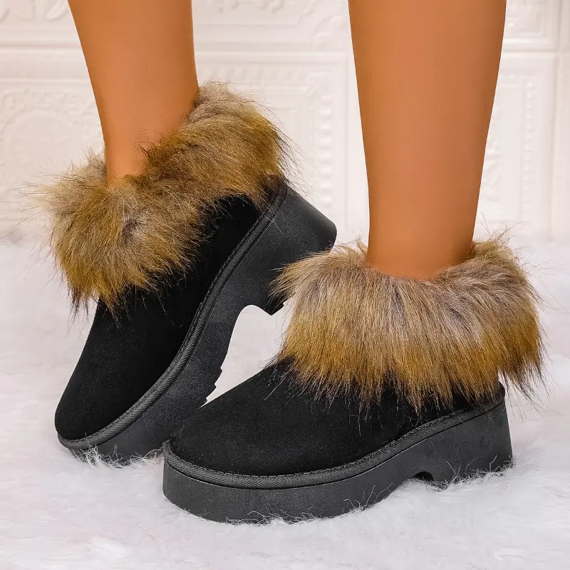 Platform Snow Boots Women Winter New Round Toe Suede Platform Fleece Non-slip Warm Wear Square Heel Wool Cotton Shoes