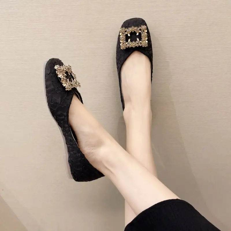 Square Toe Shallow Mouth Low Heel Single Shoes Autumn New Rhinestone Square Toe Soft Sole Non-slip Block Heel Shoes