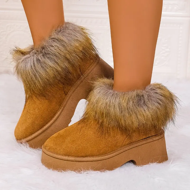 Platform Snow Boots Women Winter New Round Toe Suede Platform Fleece Non-slip Warm Wear Square Heel Wool Cotton Shoes
