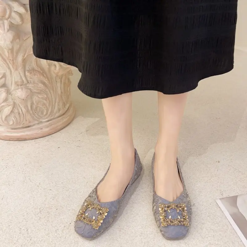 Square Toe Shallow Mouth Low Heel Single Shoes Autumn New Rhinestone Square Toe Soft Sole Non-slip Block Heel Shoes