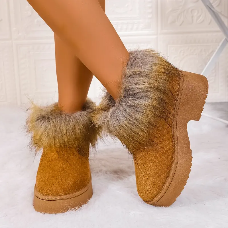 Platform Snow Boots Women Winter New Round Toe Suede Platform Fleece Non-slip Warm Wear Square Heel Wool Cotton Shoes
