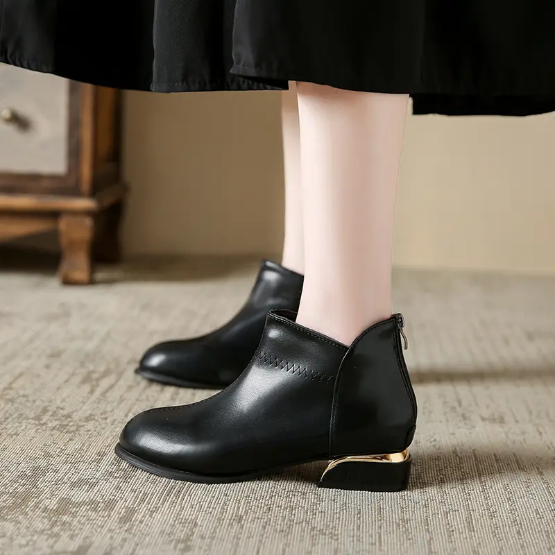 New Autumn Booties Women's Fashion Round Toe Spliced Rear Zipper Soft Sole Anti-Slip Wear-Resistant Ankle Boots