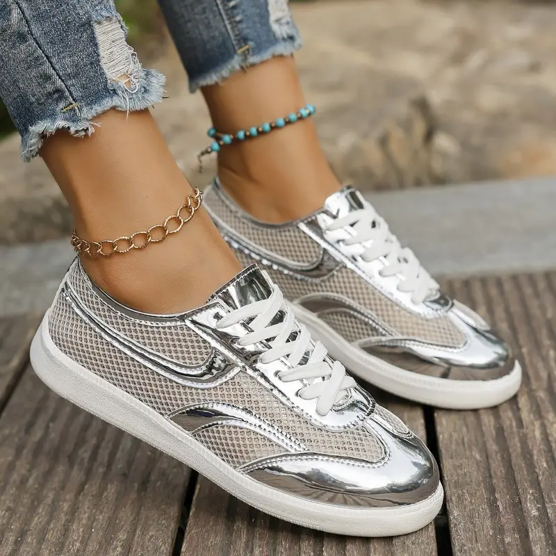 Fashion Sneakers Autumn New Round Toe Spliced Mesh Front Lace-Up Soft Sole Non-Slip Wear-Resistant Flat Single Shoes