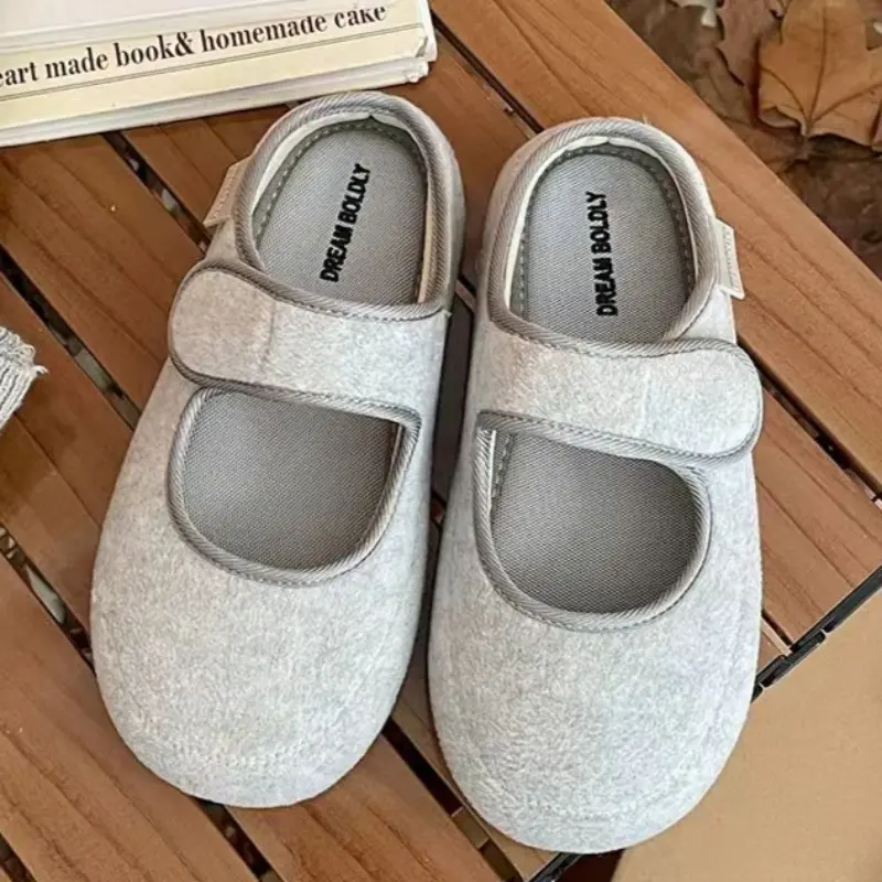 Women's Fashion Baotou Slippers Autumn New Round Head Shallow Mouth Suede Soft Sole Anti-slip Wear-resistant Flat Shoes