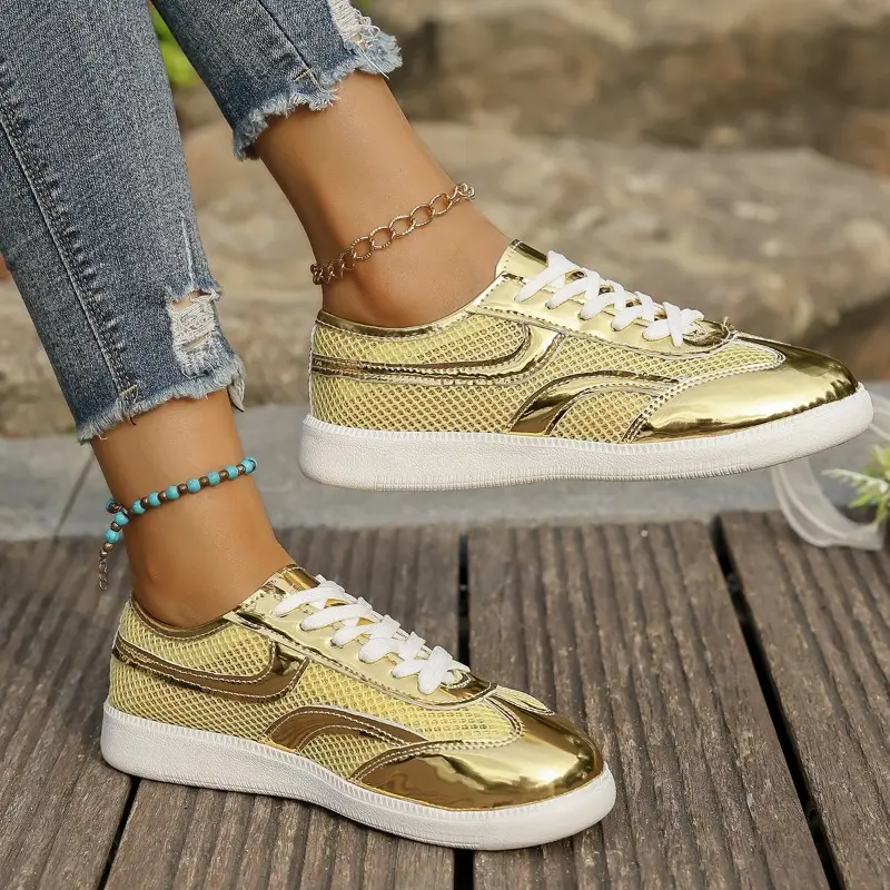 Fashion Sneakers Autumn New Round Toe Spliced Mesh Front Lace-Up Soft Sole Non-Slip Wear-Resistant Flat Single Shoes