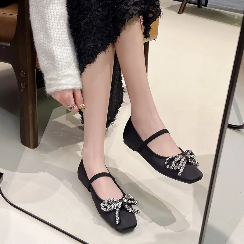 Light Flat Shoes Spring New Style Square Head Shallow Mouth Satin Diamond Butterfly Knot Set Foot Soft Sole Single Shoes
